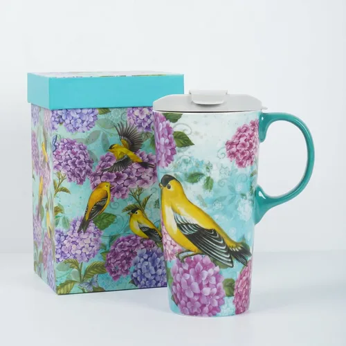 Vista 14 de Taza de viaje de cerámica de 17 onzas con tapa y caja de regalo, taza de café cardenal de arte popular, taza de té de porcelana de pájaro