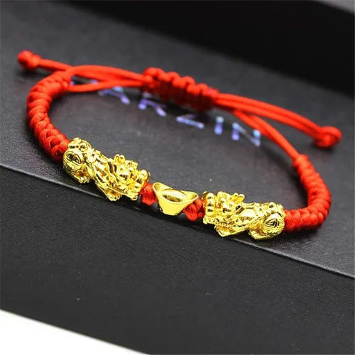 Vista 2 de MANRUO Feng Shui, la mejor pulsera de cuerda roja con doble Pi XiuPi Yao y lingotes de riqueza dorada, joyería atrae riqueza y buena suerte