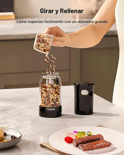 Vista 7 de TOMEEM Juego de molinillo eléctrico de sal y pimienta, recargable con indicador de alimentación LED, molienda ajustable de 5 niveles, luz LED