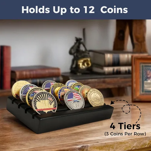 Vista 3 de ASmileIndeep Soporte de exhibición de monedas de desafío militar pequeño, soporte de monedas de desafío de madera con capacidad para 10-12 monedas