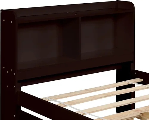 Vista 4 de Base de cama de tamaño individual con nido, cama de plataforma para dormitorio, marco de cama nido con cabecera de estantería para niños, niñas