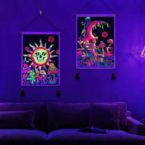 Vista 3 de Leofanger Paquete de 2 tapices de luz negra, sol y luna, reactivo a los rayos UV, de calavera de neón, tapiz floral de plantas coloridas, tapiz