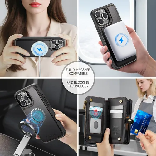 Vista 4 de Defencase Funda magnética para iPhone 13 Pro compatible con Magsafe con bloqueo RFID, correa de cremallera y tarjetero para mujer, funda de piel