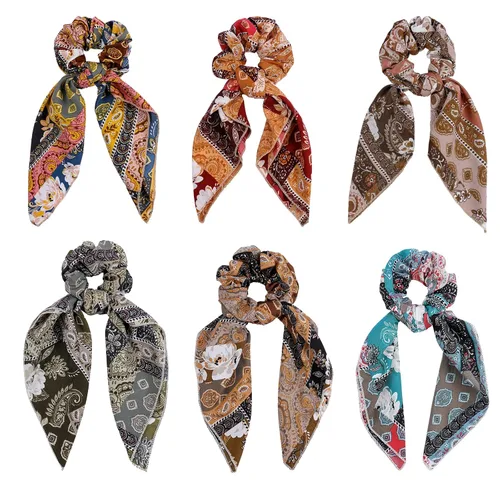 Vista 8 de Bufanda para el cabello, coleta de caballo con 6 bufandas, estampado de flores de cachemira, material de gasa, para mujeres y niñas, accesorios