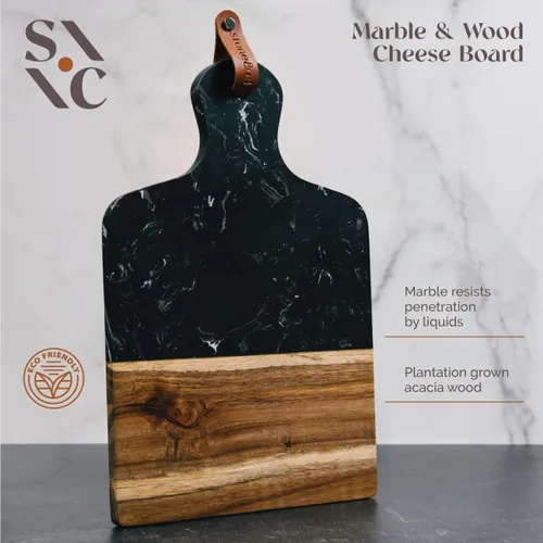 Vista 2 de Stone & Clay Tabla de queso de mármol y madera, tabla de cortar de embutidos 2 en 1 y bandeja para servir, con superficie de corte de mármol negro