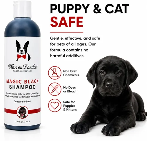 Vista 5 de Warren London Magic Black Dog Shampoo - Champú iluminador para abrigos oscuros, aroma a bayas, seguro para cachorros y gatos, fabricado en Estados