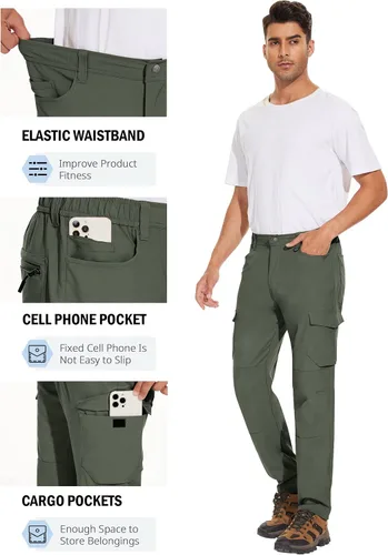 Vista 3 de PULI Pantalones de senderismo casuales para hombre, impermeables, ajustados, elásticos, ligeros, con bolsillos