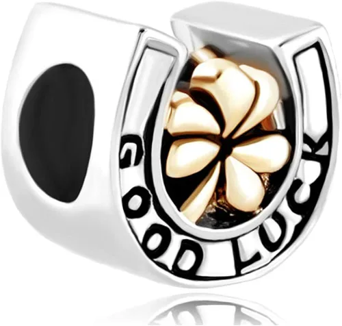 Vista 2 de LSxAB Abalorio de herradura de la suerte competible con pulseras Pandora para mujeres y niñas, trébol de oro, cuentas de plata, amigo de la familia