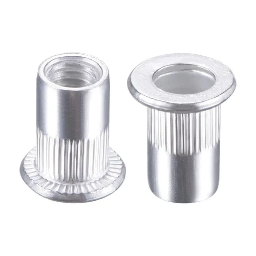 Vista 8 de uxcell Tuercas de remache M3 aleación de aluminio moleteado cabeza plana roscada tuerca de inserción plateada 50pcs