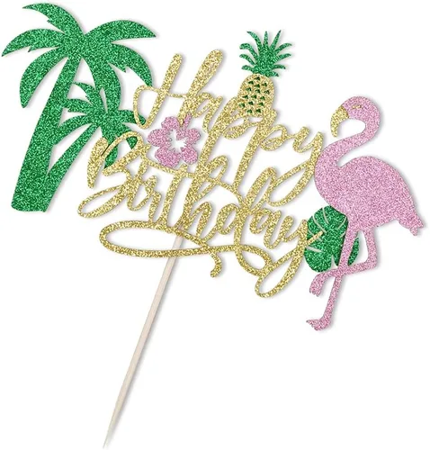Vista 4 de PALASASA Decoración para tartas de cumpleaños con flamenco con purpurina, temática hawaiana de piña tropical Luau para niños y niñas, suministros