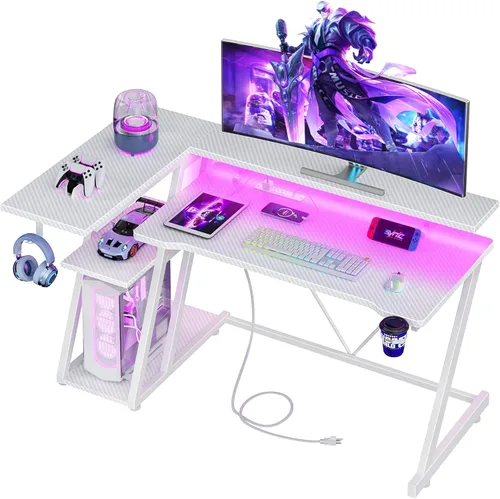 Vista 12 de Korfile Escritorio para juegos de 40 pulgadas con toma de corriente y luces LED, mesa de juegos para computadora en forma de L con estantes