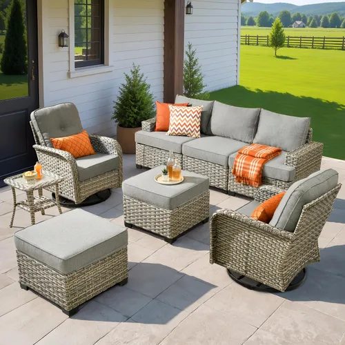 Vista 74 de HOOOWOOO Juego de Muebles Seccionales para Patio al Aire Libre, 6 Piezas Juegos de Conversación de Mimbre Sofá en Forma de L, Sofá Extra Profundo
