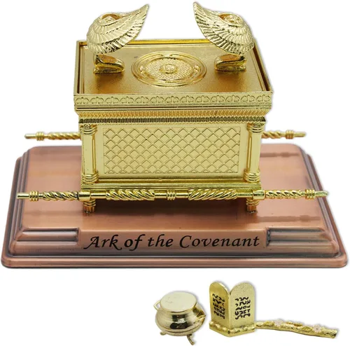 Vista 7 de Réplica del Arca del Pacto, modelo Mini Arca de la Alianza, estatua chapada en oro con varilla de Aaron, recipiente de maná, tabletas, decoración