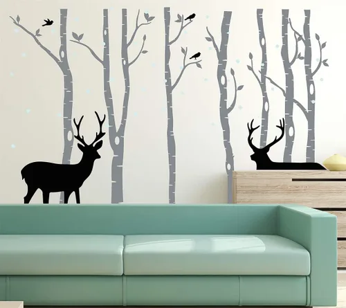 Vista 4 de Vinilo adhesivo de vinilo extraíble con diseño de ciervos y abedules para niños, decoración de habitación del bebé, habitación del bebé (gris)