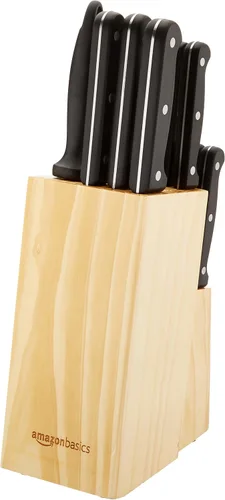 Vista 5 de Amazon BasicsJuego de cuchillos de cocina de 14 piezas, cuchillas de acero inoxidable de alto carbono con bloqueo de madera de pino, negro