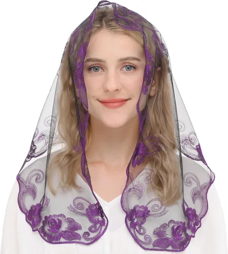 Vista 2 de Ammmscaf Chaple Veil Lace Mantilla Católica Masa Bordado Cabeza Que Cubre Velo De Iglesia