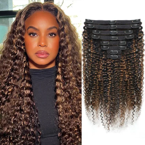 Vista 16 de Extensiones de cabello humano real rizado con clip, balayage, color marrón chocolate a rubio caramelo, 8 piezas con 18 clips, 4.23 oz/juego