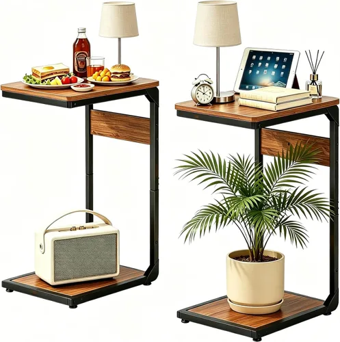 Vista 8 de Mesa auxiliar pequeña con pedestal de madera para sofá, mesa auxiliar en forma de C, bandejas de TV para comer, bebidas de café, cena, comida