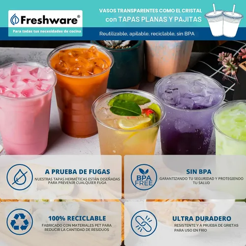 Vista 6 de Freshware Vasos de plástico desechables transparentes de 12 onzas con tapas planas y popotes, paquete de 100 vasos de plástico transparente, vasos