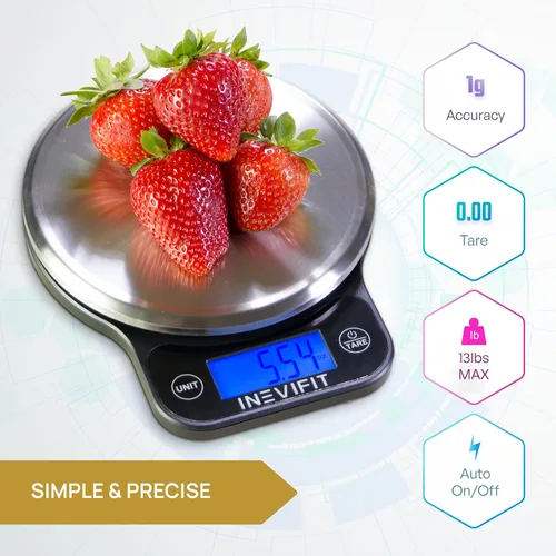 Vista 2 de INEVIFIT Báscula digital de cocina, báscula de alimentos multifunción de alta precisión, 13 libras, 13.2 lbs máximo, color negro moderno y limpio