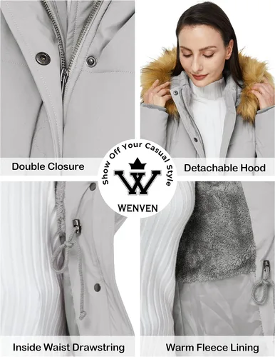 Vista 7 de WenVen Abrigo de invierno para mujer, impermeable, grueso, con capucha de piel