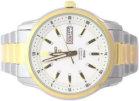 Vista 3 de Seiko 5 SNKP14 Reloj automático de acero inoxidable de 2 tonos con esfera blanca de 1640ft WR día fecha reloj automático