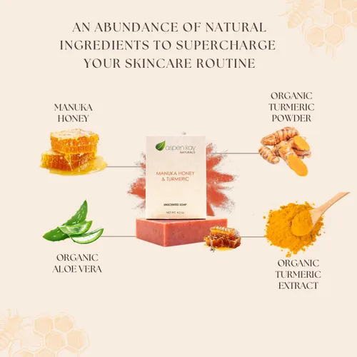 Vista 3 de Aspen Kay Naturals Barra de jabón de miel y cúrcuma de Manuka para cuerpo y cara, jabón facial de cúrcuma natural con aloe vera orgánico, manteca
