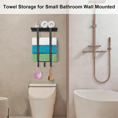 Vista 6 de Toalleros para baño, toallero con estante y 3 ganchos, soportes de almacenamiento de toallas de pared para toallas de baño enrolladas, color negro