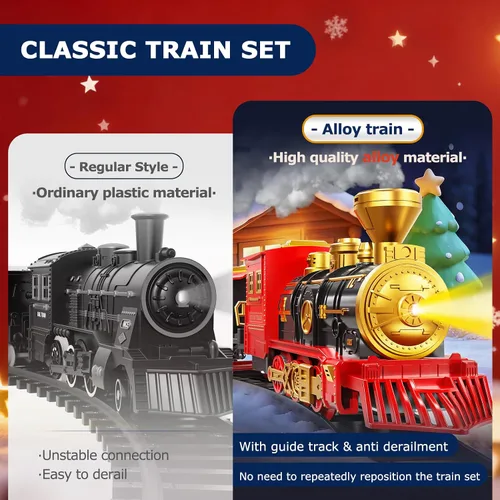 Vista 6 de Juego de tren para niños de 3-5 4-7, juego de juguetes clásicos de tren eléctrico con motor de locomotora, luces y sonido con vapor, rieles
