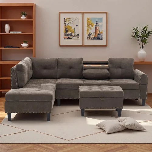 Vista 7 de Camillas en forma de L de 97 pulgadas para sala de estar, sofá seccional con otomana de almacenamiento, sofá modular con diván móvil