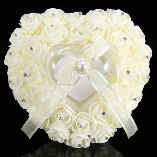 Vista 9 de GOTOTOP Almohada de boda, romántica de encaje de cristal rosa de boda en forma de corazón, cojín con cinta perla ceremonia de boda (blanco lechoso)