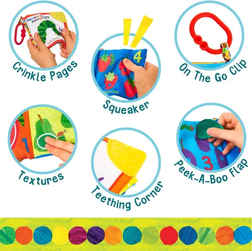 Vista 3 de Let's Count Soft Book – Libro sensorial suave de World of Eric Carle the Very Hungry Caterpillar Baby on the Go Clip de dentición arrugado suave