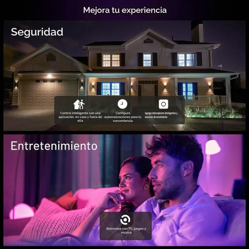 Vista 7 de Philips Hue Essential - Bombilla LED inteligente A19, ambiente blanco y color, base E26, 8.8W, 2200K-6500K, 800 lúmenes, regulable, funciona