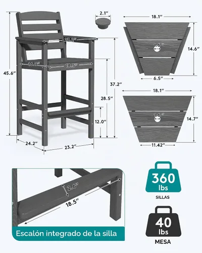 Vista 3 de SERWALL Juego de 2 sillas Adirondack altas con mesa de conexión, color gris