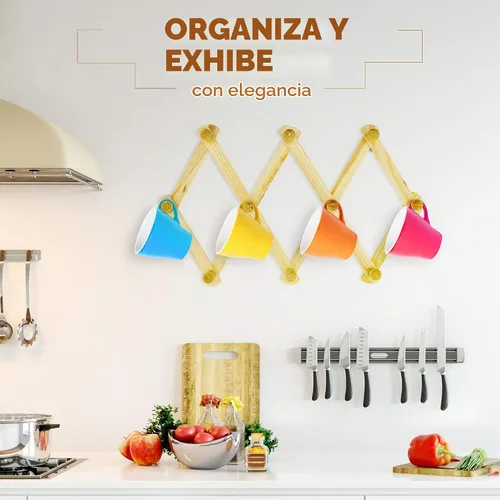 Vista 6 de RamPro Sombrero de estante expandible de madera estilo acordeón, gorra, cinturón, paraguas taza de café pared clavijas de madera