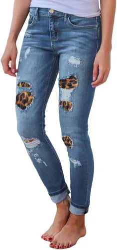 Vista 2 de Pantalones de mezclilla de pitillo Sexyshine, de talle alto, estilo muy delgado, con agujeros rasgados, largos, elásticos.