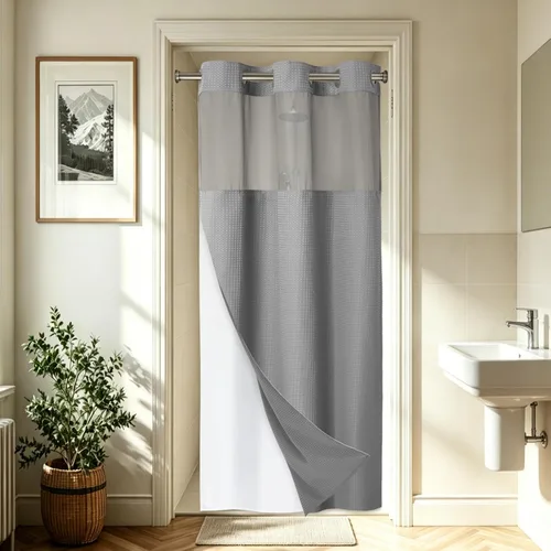 Vista 64 de EUTXL Cortina de ducha beige sin gancho con forro a presión, 230 GSM, cortinas de ducha para baño, 71 pulgadas de ancho x 74 pulgadas de alto