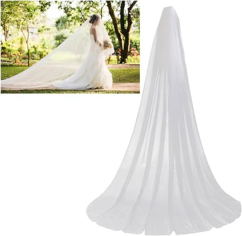 Vista 9 de TENDYCOCO Velo largo de boda de una sola capa suave tul catedral capilla piso velos con peine, Blanco