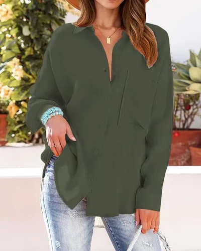 Vista 6 de Camisas de manga larga con botones para mujer, sin arrugas, para trabajo, oficina, con bolsillo