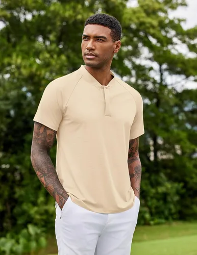 Vista 2 de COOFANDY Polo de golf de secado rápido para hombre, camiseta Henley de manga corta, atlética, deportiva, sin cuello, camisetas deportivas