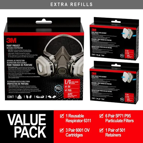 Vista 2 de 3M Paint Project Respirator - Paquete grande de respirador, aprobado por NIOSH, mascarilla reutilizable OV/P95 + 3 juegos de cartuchos de vapor