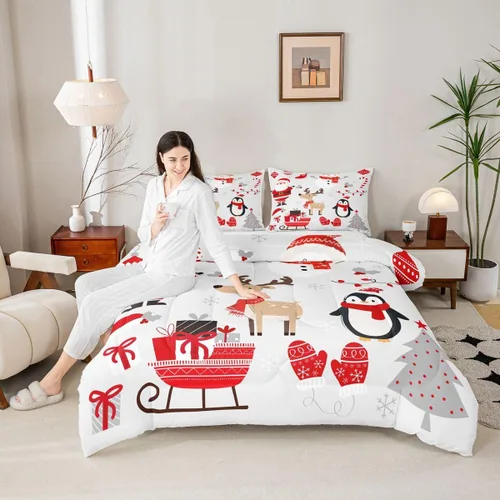 Vista 2 de Erosebridal Lindo juego de edredón de pingüino de dibujos animados, ropa de cama de Feliz Navidad, tamaño individual, regalos de Papá Noel