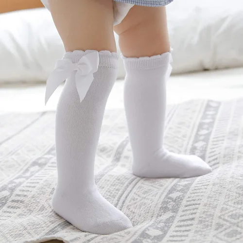 Vista 5 de Calcetines altos hasta la rodilla para bebés y niñas, con lazo, tubo con volantes, de algodón, calcetines largos para bebés y niños pequeños, 5 pares