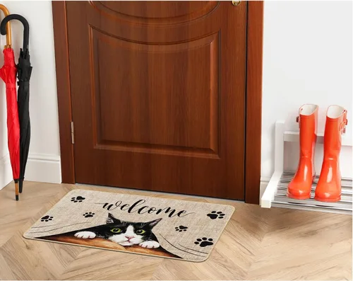 Vista 7 de Tapete de bienvenida para puerta de gato, tapete antideslizante de huellas divertidas, decoración familiar, tapete de entrada para interiores