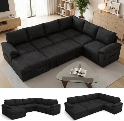 Vista 13 de Sofá modular de 85 pulgadas con cama extraíble, sofá modular de 5 asientos en forma de L con almacenamiento, sofás seccionales para sala de estar