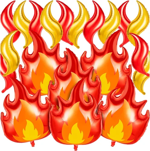 Vista 9 de Globos de fuego grandes, 20 globos de llama de bombero en 2 colores, 24 pulgadas, globos falsos rojos y dorados para caza, suministros de fiesta