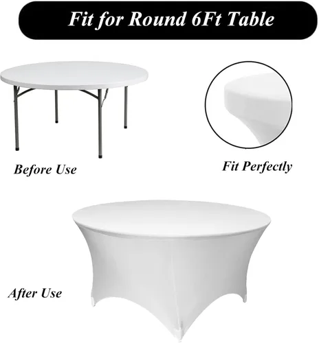 Vista 5 de Paquete de 8 manteles redondos de elastano blanco de 72 pulgadas, fundas de mesa de elastano de 6 pies, mantel redondo ajustado color negro, mantel