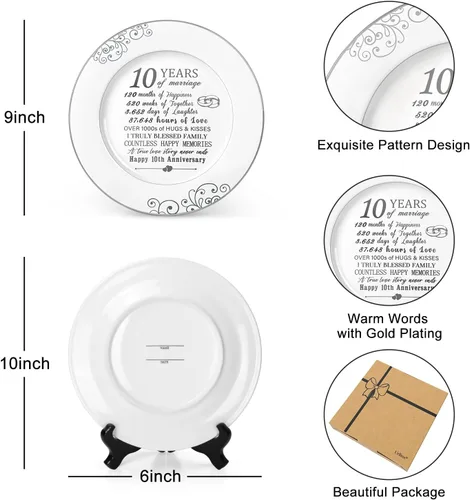 Vista 3 de Urllinz Plato del 10º Aniversario con Decoraciones de Lámina de Platino - Regalos de Estaño de Boda de 10 Años para Ella Parejas Esposa Él Marido