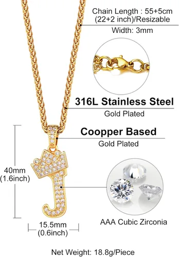 Vista 5 de Richsteel Collar con inicial para hombre, chapado en oro de 18 quilates, corona brillante con circonita cúbica, monograma, colgante para mujer