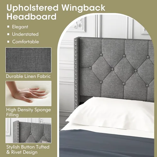 Vista 5 de Giantex Base de cama tapizada de tela de lino de tamaño matrimonial, marco de cama moderno con cabecera capitoné con botones, base de colchón